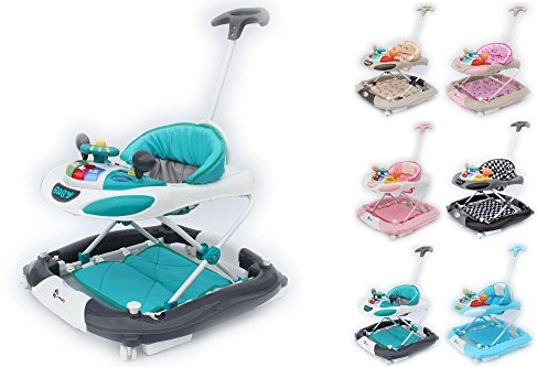 Clamaro 'MaxMobil' Gehfrei Lauflernwagen Lauflernhilfe mit Schiebestange mit Musik Spielstation, flüsterleise Gummirollen, Anti-Rutsch Funktion und Schaukelfunktion - Türkis