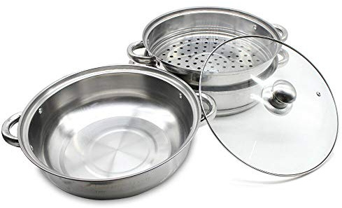 Dampfgarer Edelstahl Dampfkocher 3 Lagen Stapelbar Dampfkochtopf Durchmesser mit Glasdeckel 28 cm Dämpfeinsatz Gardampfkochtopf
