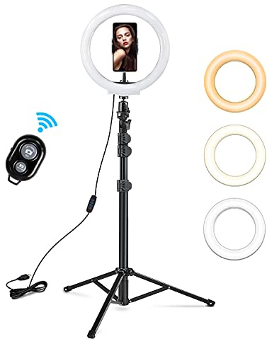 iRhodesy LED Ringlicht 10 Zoll inkl. 150 cm Stativ, dimmbare Selfie Ringleuchte, 3 Lichtmodi & 10 Helligkeitsstufen für YouTube, TikTok, Make-Up, Live-Streaming, USB