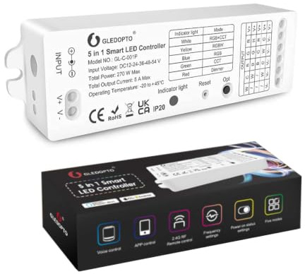 GLEDOPTO 5 in 1 Smart LED Strip Controller Zigbee 3.0 RGBCCT RGBW RGB WW/CW DIMMER Lichtleistenanschluss 2.4G RF Fernbedienung Alexa Sprachsteuerung APP mit Amazon ECHO PLUS Tuya SmartThings DC12-54 V