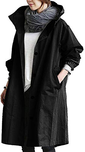 Sllowwa Trench lungo da donna, alla moda, con cappuccio, monopetto, spolverino, elegante, esteso al ginocchio, antivento, trench per primavera e autunno, con cappuccio, Nero , 5XL