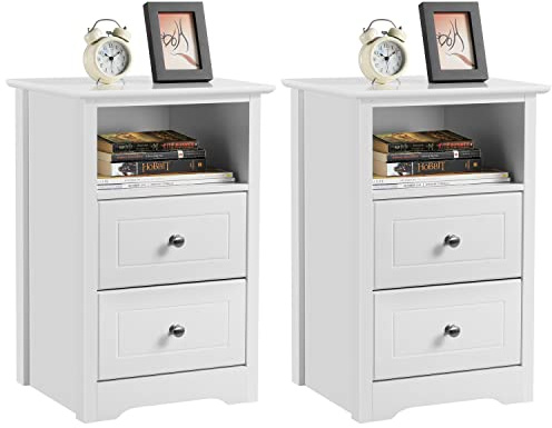 Yaheetech Lot de 2 Tables de Chevet en Bois Table de Nuit Chevet 40x35x60cm | Table d’appoint en bois avec 2 Tiroirs 1 Compartiment, Table chevet, Table de lit, Meuble d'appoint pour Chambre Blanc