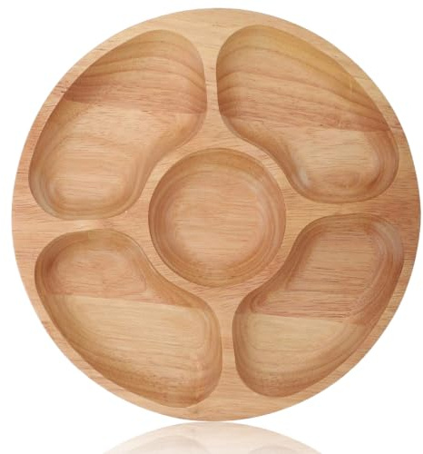 Assiette divisée en bois, assiette divisée ronde en bois à 5 compartiments plat à dessert divisé plateaux de service dessert collation sous-grille plat(25cm)