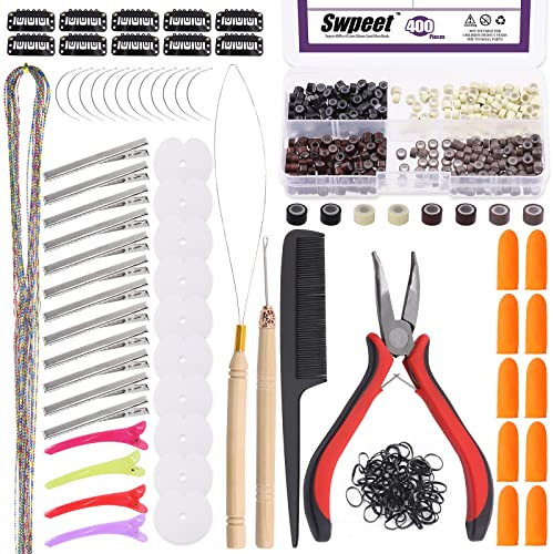 Swpeet 578 piezas Kit de extensión del cabello, Micro anillos forrados de silicona, rosca de aguja de lazo de gancho, extensión del cabello de pincel, herramientas de eliminación de extensiones