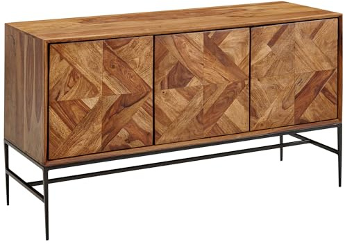FineBuy Sideboard 123x45x70 cm Sheesham Massivholz Schwarz mit Türen | Kommode im Retro Stil mit schwarzen Beinen, Anrichte aus Echtholz mit viel Stauraum, handgefertigtes Unikat