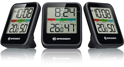 Bresser Thermometer Hygrometer Climate Monitor 3er-Set zum Aufstellen oder zur Wandmontage mit farbigem Raumklima-Indikator - 7,2 x 1,6 x 8 cm, schwarz