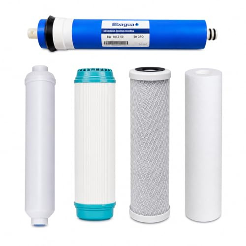 Bbagua Pack Recambio Ósmosis Inversa 5 Etapas, Membrana 50 GPD + 4 Filtros 10”, Sedimentos, GAC, Carbón Block y Postfiltro Coco.