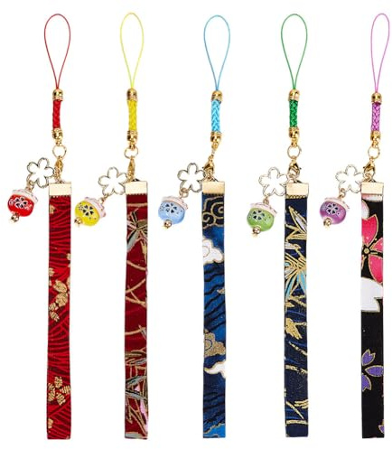 OLYCRAFT 5 Stück Glückskatze Schlüsselanhänger Anhänger Japanische winkende Katze Schlüsselanhänger Glockenschnalle Schlüsselanhänger mit Blume Maneki Neko Schlüsselanhänger Charms