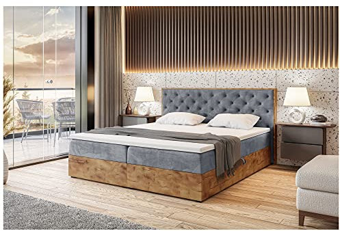 MEBLINI Boxspringbett mit Bettkasten - Gepolstert Doppelbett mit Matratze und Topper - Polsterbett mit Stauraum - Bett mit Kopfteil - Stauraumbett - Lofty 3-180x200 - H3/Grau Samt