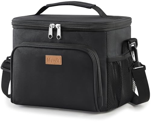 Lifewit Isolerad Lunchväska för Män, Återanvändbar Lunchbag för Kvinnor, Bärbar Kylväska Frys Mjuk Väska Läckagesäker med Justerbar Axelrem för Vuxna för Arbete/Picknick, Svart, 15L