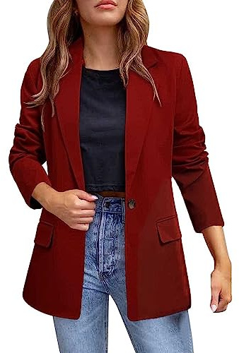 Blazer Liso de Mujer con Solapa, Ligero, Manga Larga, para Negocios y Oficina, Burdeos, L