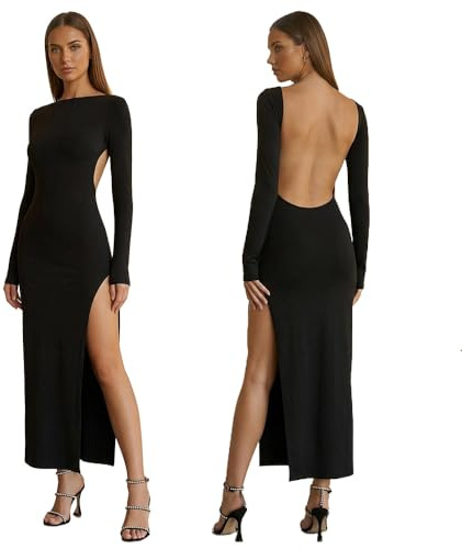 BKEPDY Women Long Sleeves Dress Sexy Cut Out Bodycon Backless Evening Cocktail Party Dress Slim Work Pencil Dress Backless Ribbed Maxi Dresses(L)