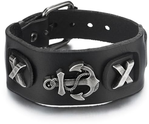 COOLSTEELANDBEYOND Herren Marine Anker und X Armband, Schwarze Echtes Leder Armreif Schweißband mit Dornschließe, Klassiker
