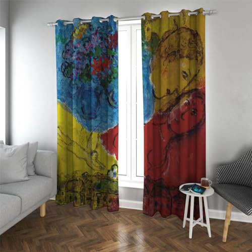 PARREN Marc Chagall Style Romantische Verdunkelungsvorhänge mit Les Amoureux et L'ange Jaune Muster Extra breite Thermovorhänge für Schlafzimmer 2 Stück 200x260cm