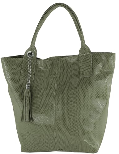 modamoda de - T248 - Ital. Shopper Large mit Innentasche aus Leder, Farbe:Olivgrün