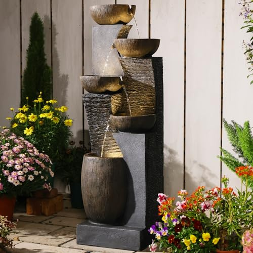 Bumilgar Outdoor Water Fountain - 51.4 Inches 5 Tired Modern Indoor Floor Standing Outdoors Fountains with Lights Pump for Garden Patio Backyard Porch Home Art Decor