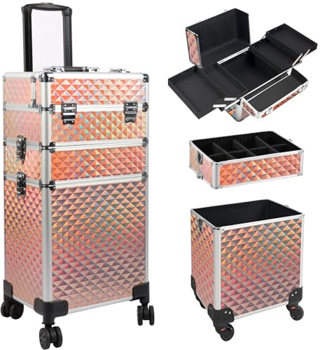 Kalolary 3-i-1 Sminkväska, Professionellt Makeupfodral i Aluminium Sminkväska Låsbar Sminkorganisatör Skönhetsvagn Kosmetisk Organizer Box med Roterbara Hjul för Frisörer Nageltekniker (Färgglada)