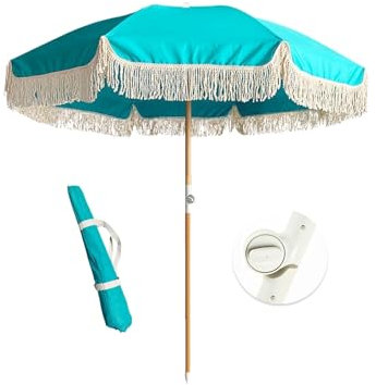 ELZEM 180cm Sonnenschirm Balkon Blau Strandschirm Uv Schutz Balkonschirm Mit Quasten Gartenschirm Neigbar Marktschirm Wasserdicht Für Garten Terrasse Strand/Tragetasche