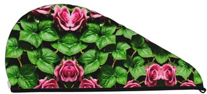 Gorro de pelo seco de hiedra rosa floral con hojas, de terciopelo coral, con botones para secar el cabello rizado, largo y grueso, antiencrespamiento