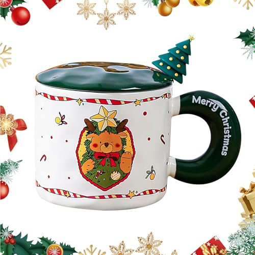 LUVDECO Una taza de café navideño, Una taza de café con tapa y cuchara, Copa de cerámica encantadora de navidad, Taza de Navidad, Tazas de café navideño para uso de oficina y hogar (A)