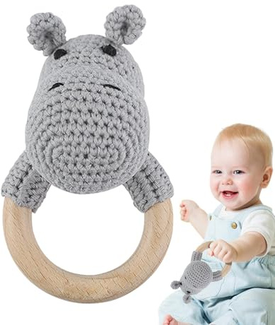 Shurzzesj Rassel für Rassel aus Holz - Lustiges Tierrassel aus Holz gestrickter Plüsch - Innovative Baby Rassel aus Holz gehäkelt Ring