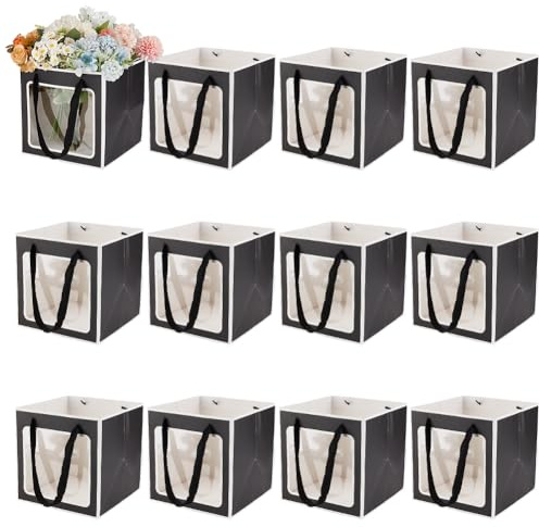 GOMAKERER 12 Stück Geschenktüten Aus Kraftpapier Mit Transparentem Fenster 20x20x20cm Schwarze Geschenktüten Mit Griffen Aus Kraftpapier Einkaufstüten Für Geschenke Blumen Kuchen Festivals