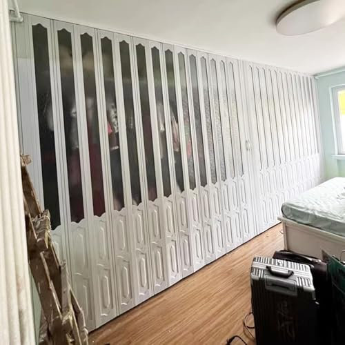 Akkordeon-Schranktür mit Holzmaserung, PVC-Rahmen, modern, mit mattierten Acrylplatten, 183 x 203 cm, stilvolles Multifold-Ziehharmonika-Design, ideal für Innenräume, 183 x 203 cm Höhe, Weiß