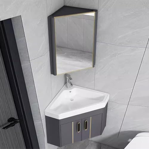 Mueble BañO con Lavabo, Tocador de BañO con Lavabo de CeráMica, Lavabos Esquineros Y Gabinete con Espejo, Lavabo de BañO Combinado con Grifo Y Drenaje for Espacios PequeñOs(Gris,43*43*42 cm)