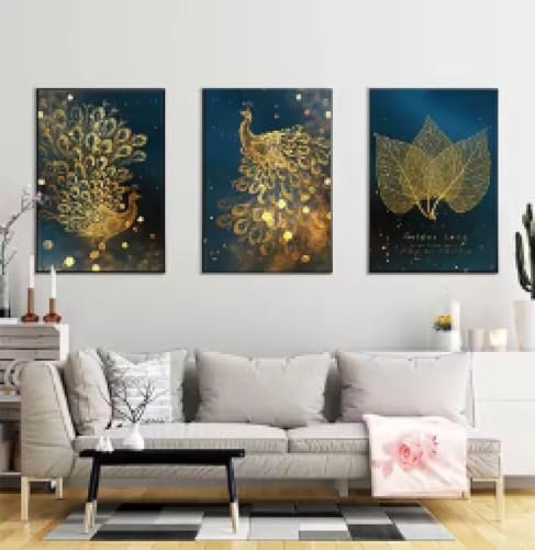 BMGKYAGL Nordisches schönes Blattgold-Pfau-Wandkunst-Poster und Druck auf Leinwand, Gemälde, Bild für Wohnzimmer, Heimdekoration, 50 x 70 x 3 cm, rahmenlos