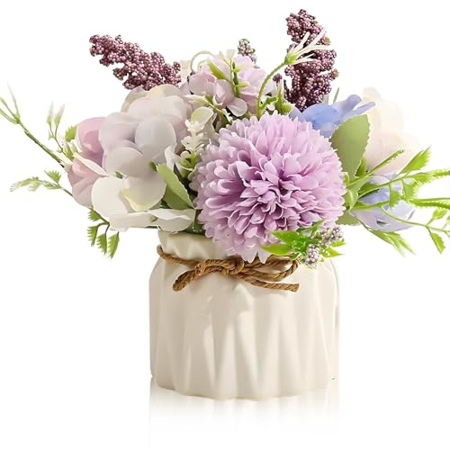 YTZWkit Artificial Flowers in Vase, Faux Lavender Hydrangea Flowers with Ceramic Vase, Fake Flower Plants in Pot for Table Living Room Bedroom Office Coffee Shop Party Home Indoor Decoration