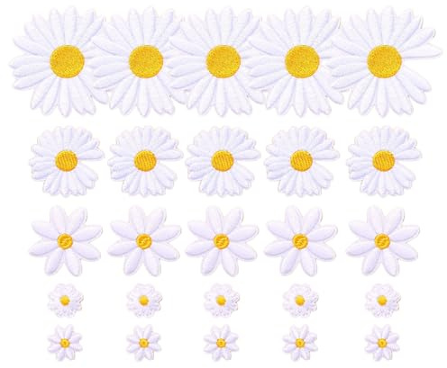 30 toppe termoadesive a forma di margherita, 3 stili, ricamate, 5 misure, floreali, per fai da te, vestiti, borse, scarpe, cappelli, giacche, jeans, magliette, pantaloni