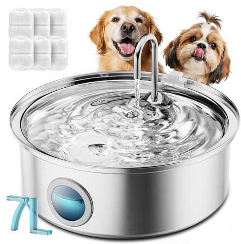 Oneisall Pet Water Fountain with 5 Set Filters, 7L/230oz Quiet Dog Water Dispenser, Stainless Steel Dog Fountain with Visual Water Level&4-Layer Filtration for Large Dogs