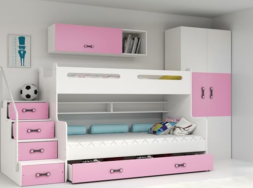 Interbeds letto a soppalco, letto castello con scaletta e spazio contenitore, letto contenitore per bambini e ragazzi. (Rosa)