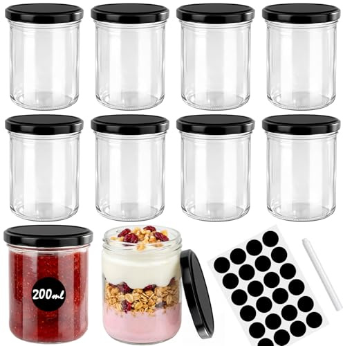 Otauoaea 10 Tarros Pequeños de 200ml, Botes Cristal Pequeños con Tapa Hermética, Tarro Cristal con Pegatinas y Bolígrafo, Tarros Cristal para Conservas, Postres, Miel, Especias