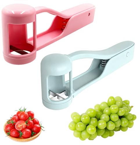 Multi Grape Quarter Cutter Tool, 2 Pcs Fruit Slicers Stainless Steel Quarter Grape Slicer for Baby, One-Half Fruit Slicer for Cherry Strawberry Tomato Olive Vegetable Kitchen Gadgets (Blue & Pink)