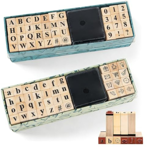 80 Stk Stempel Buchstaben Set, Alphabet Holzstempel Buchstaben, Symbole mit Stempelkissen Holzstempel, für Scrapbooking Kunst Handwerk Kartenherstellung