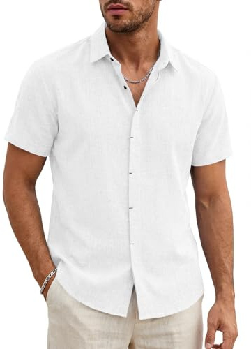 Runcati Camisa de hombre de manga corta ligera de verano para hombre, corte regular, camisa de lino, para bodas, negocios, playa, informal, monocolor, básica