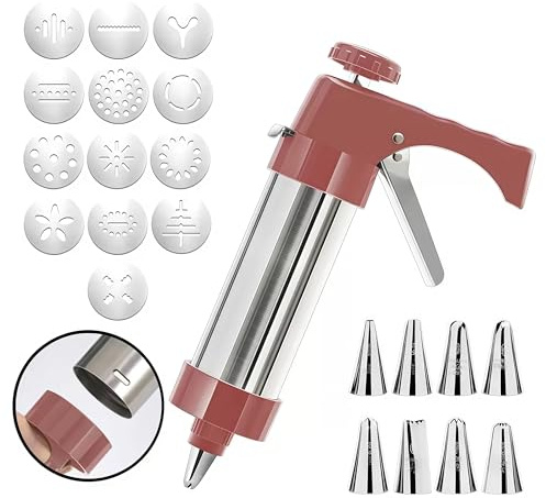 Stainless Steel Cookies Press, Cookies Press Gun Kit with 8 Piping Tips & 13 Cookie Discs, Biscuit Maker Machine, DIY Cake Decorating Kitchen Baking Supplies for Party Birthday Holiday