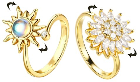 GROVBLE Fidget Ring 2er Set Damen – Anxiety Ring Gold Anti Stress Drehring | Drehbarer Sonnen- & Sonnenblumenring | Verstellbarer Ring | Geschenk Freundin & Frauen | Stressabbau