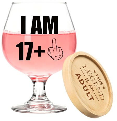Quorlis Bicchiere da vino per 18° compleanno per ragazzi e ragazze, bicchiere senza stelo con scritta I AM 17+, 510 ml, personalizzabile, regalo unico per il 18° compleanno, decorazione per cocktail