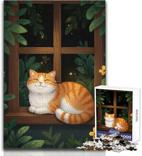 1000 Pieces Jigsaws Adults Puzzles Gifts Smiling Cat on Window Sill Educational Family Game Difficult Challenge Gifts Ideas Size 38x52cm