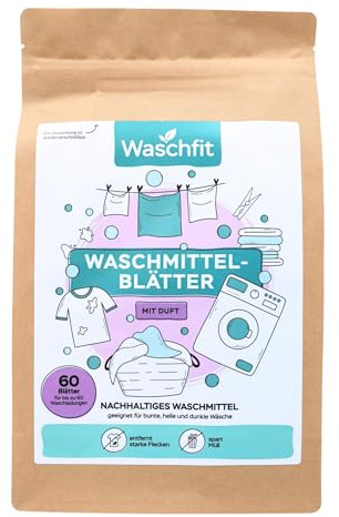 Waschfit Waschmittelblätter | 60 Universal Waschstreifen mit Duft | Eco-Waschmittel für Bunt-, Hell- & Dunkelwäsche | löst sich komplett auf, sorgt für frische Wäsche mit Duft & reduziert Müll