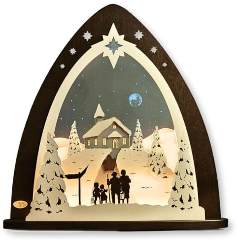 weigla - LED Lichterspitze original Erzgebirge I Motiv Bergkapelle I LED Lichterbogen Weihnachten I Größe 52 x 53,5 x 9 cm I beleuchtete Weihnachtsdeko innen I aus Holz