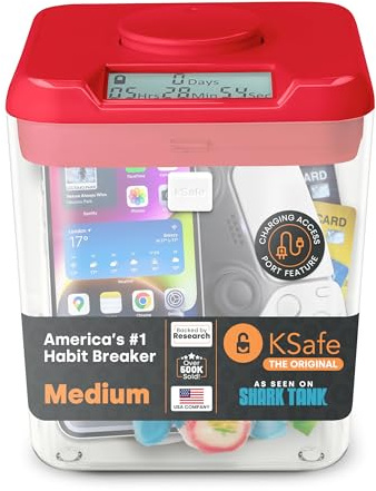 Kitchen Safe Time Locking Container (Medium), Timed Lock Box for Cell Phones, Snacks, and other unwanted temptations (Red Lid + 5.5” Clear Base with Access Port)