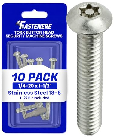 Fastenere Torx Security Machine Screws, 1/4-20 x 1-1/2 Stainless Steel, Tamper-Resistant Button Head Electrical Outlet Screws for Wall Plates, Panels, Fixtures, Covers & Metal Enclosures, (10 Pack)