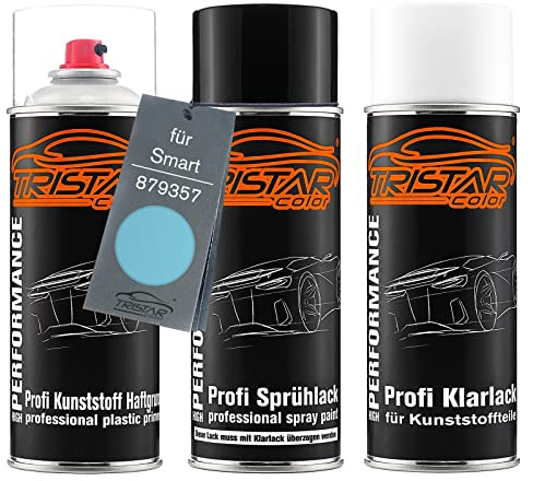 TRISTARcolor Autolack Spray Set Kunststoff für Smart 879357 Gulf Blau | Sprühdosen-Set für Stoßstange/Plastik, Kunststoff-Haftgrund + Basislack + Klarlack