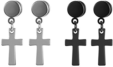 JewelryWe Joyería Pendientes de Cruz Acero Inoxidable Falsos Plugs Fake Plug Túnel Pendientes Colgantes Piercings de Oreja con Colgante Crucifijo Colgante para Hombres y Mujeres, 6 Colores, Acero