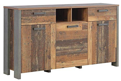 FORTE Clif Kommode mit 3 Türen und 2 Schubladen, Holzwerkstoff, Old – Wood Vintage/ Betonoptik Dunkelgrau, 156,4 x 86,3 x 41,6 cm