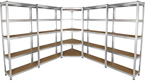 Monster Racking - 4 Scaffali Galwix 90cm in Acciaio Senza Bulloni & 1 Scaffale ad Angolo Galwix 180cm x 30cm x 90cm