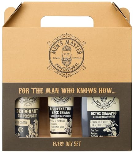 Men's Master Ensemble-Cadeau de Rasage 3 Pièces pour Homme | Ensemble Quotidien | Déodorant Antisudorifique | Crème Rajeunissante, Anti-Rides | Shampooing Détox Anti-Chute pour Cheveux Gras